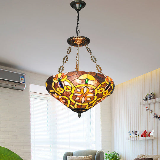 Tiffany Stained Glass Chandelier with Flower Design - Brown/Pink: Perfect for Cafes