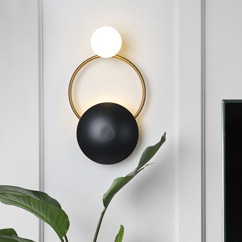 Postmodern Orbital Flush Mount Iron 2-Light Wall Sconce In Black-Gold With Orb Opal Glass Shade