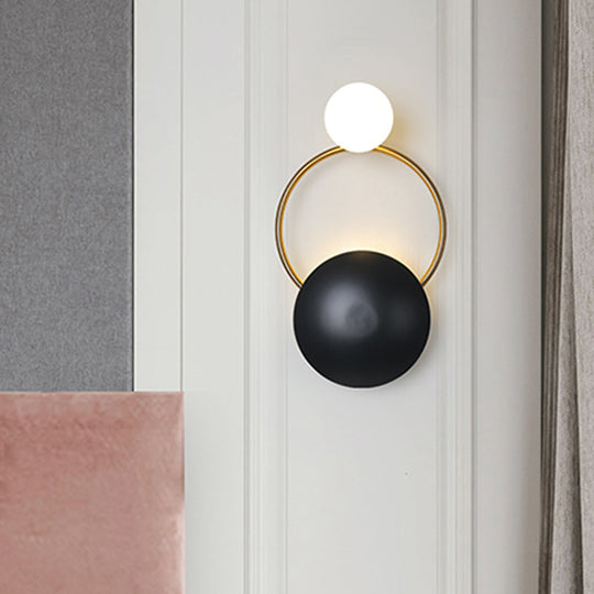 Postmodern Orbital Flush Mount Iron 2-Light Wall Sconce In Black-Gold With Orb Opal Glass Shade