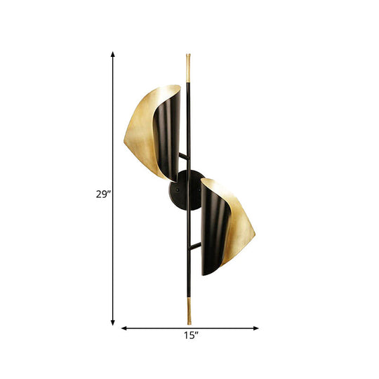 Ribbed Curved Sheet Sconce - Postmodern 2 Heads Wall Mount Lighting For Stair Black & Gold
