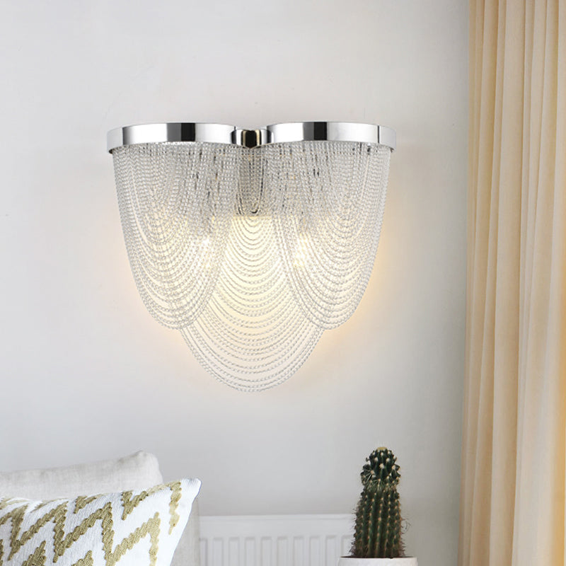 Modern Silver Tassel Wall Light With Rippling Chain Design - 2-Bulb Aluminum Sconce For Sitting Room