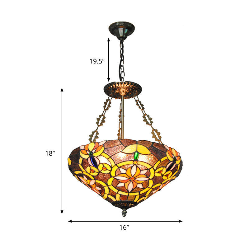 Floral Tiffany Stained Glass Chandelier: Umbrella Shade Pendant With 3 Lights - Brown/Pink Perfect