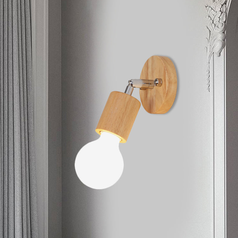 Simplistic Wood Open Bulb Mini Rotating Sconce Lamp For Single Bedroom Wall Lighting