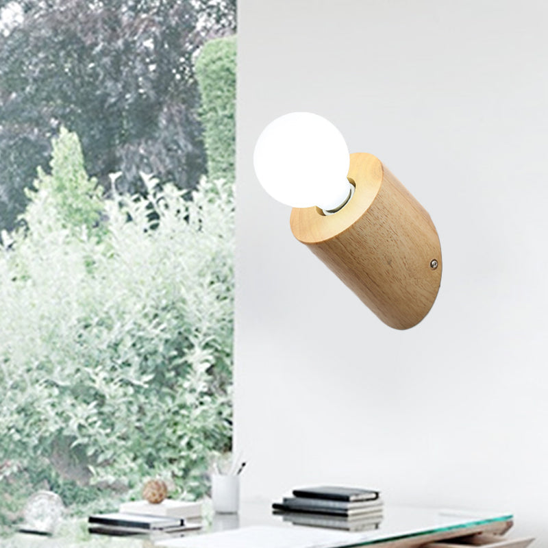 Minimalist Wood Wall Mount Sconce Light - Angled Pole Design Beige Shade Open Bulb