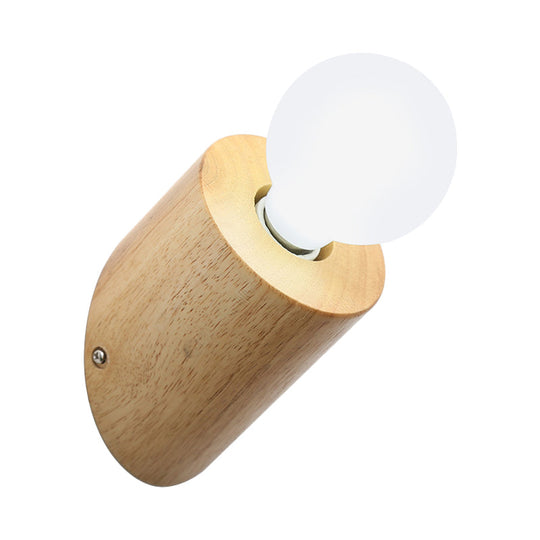 Minimalist Wood Wall Mount Sconce Light - Angled Pole Design Beige Shade Open Bulb