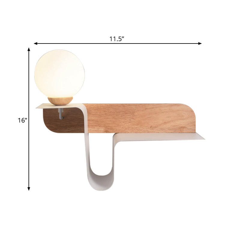 Nordic Opal Frosted Glass Sconce: Orb 1 Bulb Wall Mounted Lamp With White-Wood Shelf (Left/Right)