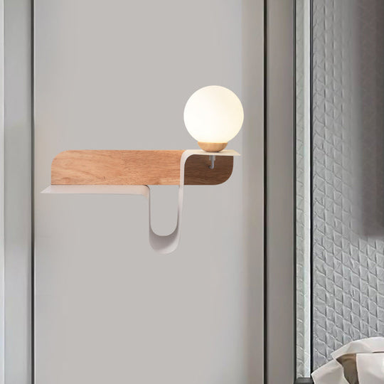 Nordic Opal Frosted Glass Sconce: Orb 1 Bulb Wall Mounted Lamp With White-Wood Shelf (Left/Right)