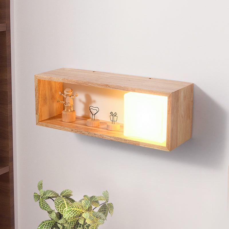 Nordic Wood Wall Sconce With Rack Feature - Fillet/Right Angle Rectangle Design For Bedside Flush