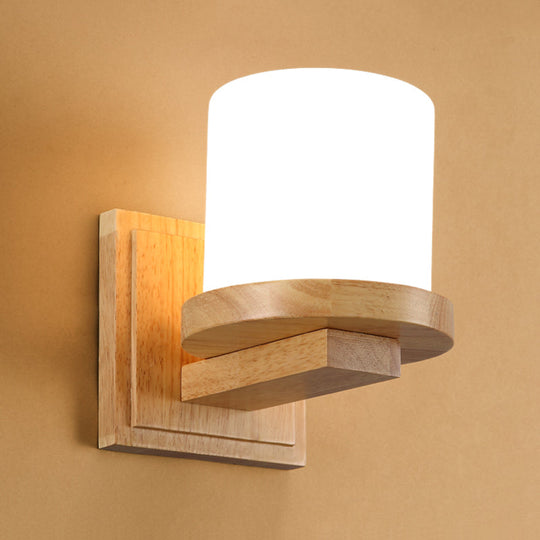 Nordic Opal Matte Glass Wall Lamp With Wood Arm - 1-Light Sconce Fixture