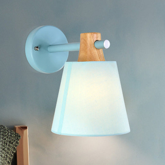 Blue/White/Yellow Macaron Fabric Conical Wall Light Fixture: Unique Sconce Design With Straight Arm