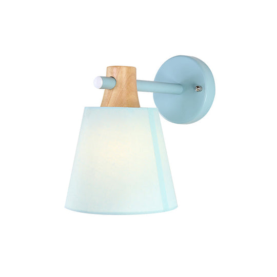 Blue/White/Yellow Macaron Fabric Conical Wall Light Fixture: Unique Sconce Design With Straight Arm