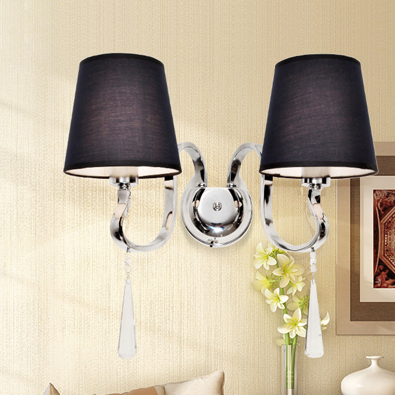 Modern Black Taper Shade Wall Mount Light With Stainless Steel Arm And Crystal Drop 2-Bulb Sconce