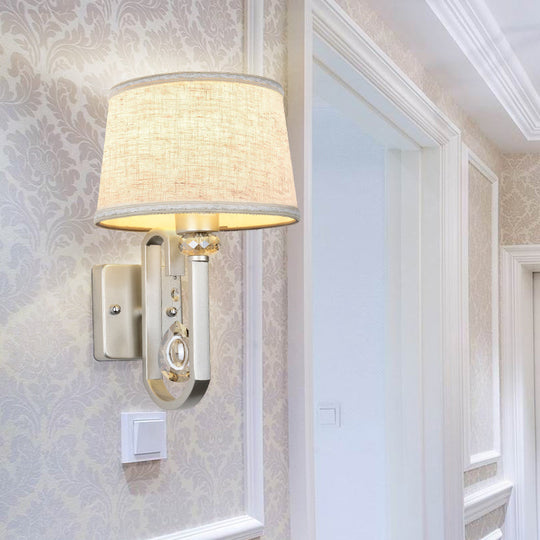 Modern Round Flaxen Sconce Lamp With Crystal Accent & Nickle Swoop Arm - Wall Mount Lighting