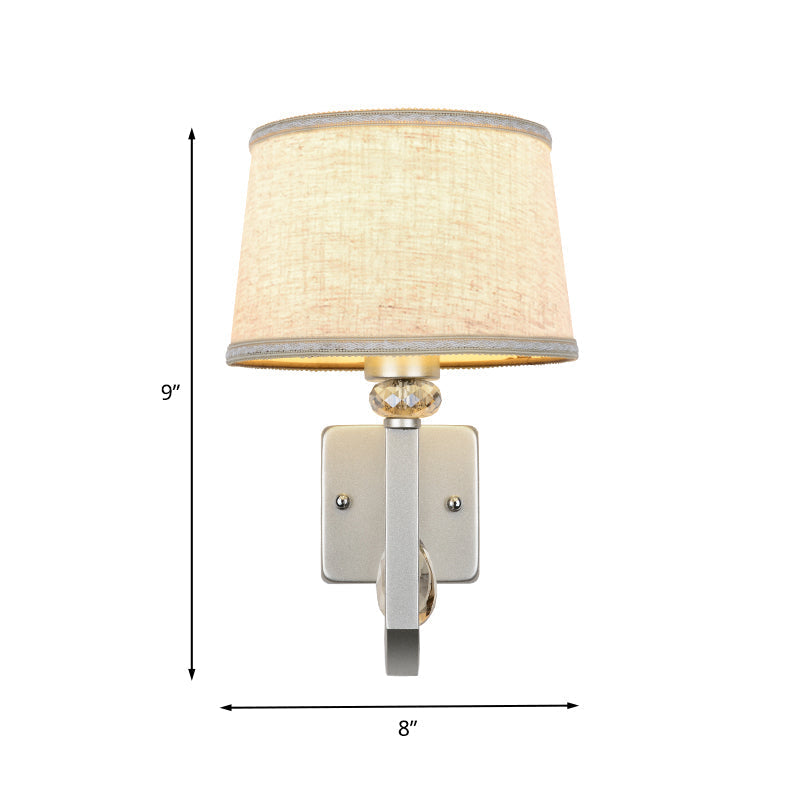 Modern Round Flaxen Sconce Lamp With Crystal Accent & Nickle Swoop Arm - Wall Mount Lighting