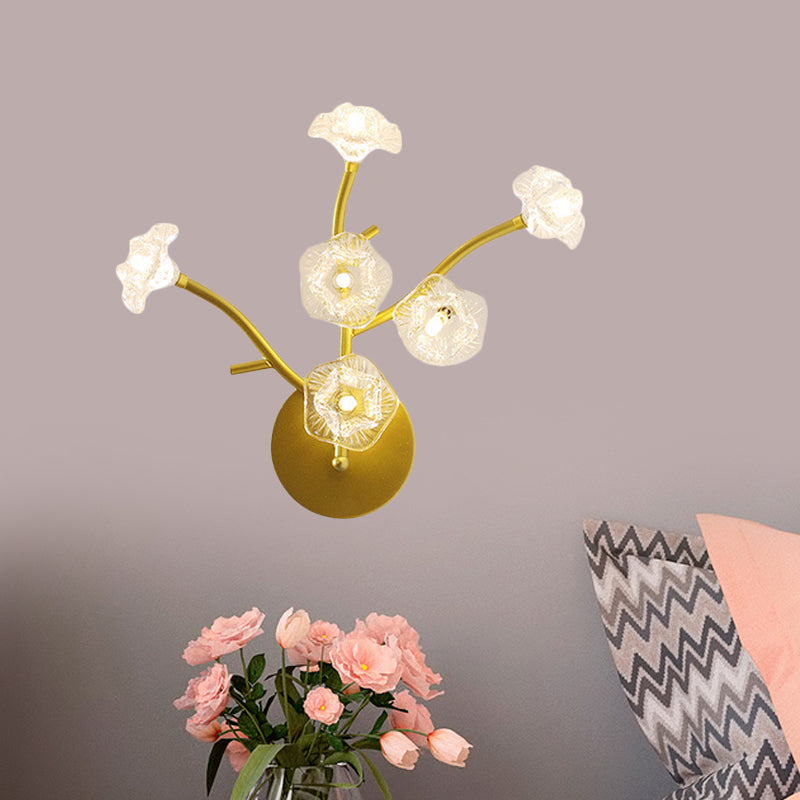 Modern Gold Wall Sconce: Floral Bedside Lamp With Transparent Glass And 6 Bulbs