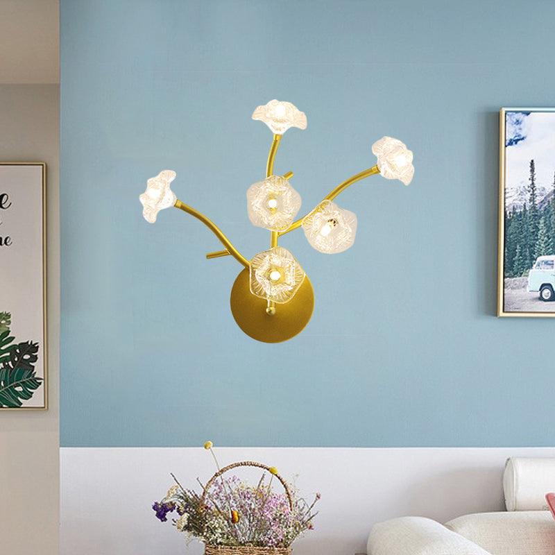 Modern Gold Wall Sconce: Floral Bedside Lamp With Transparent Glass And 6 Bulbs