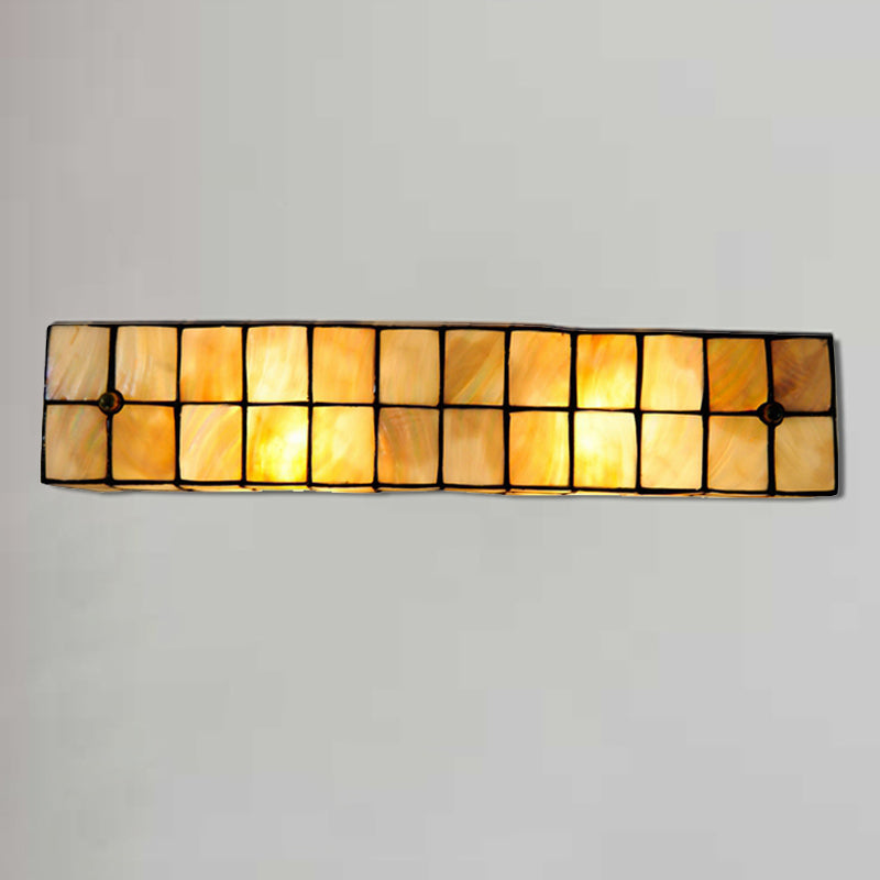 Tiffany Style Linear Wall Light With Square/Flower Pattern - 2 Lights Shell Sconce In Beige For