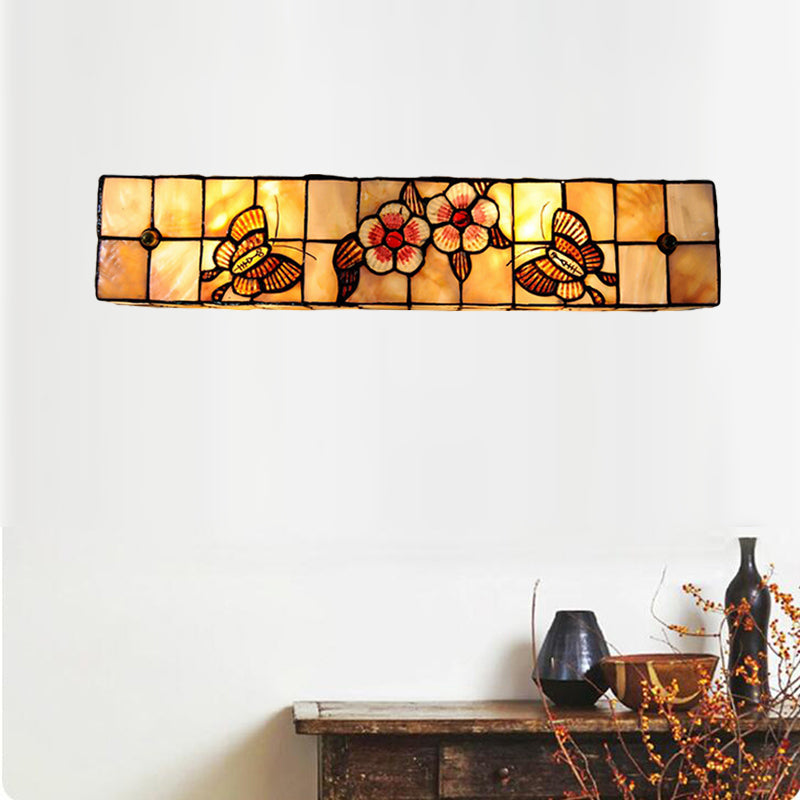 Tiffany Style Linear Wall Light With Square/Flower Pattern - 2 Lights Shell Sconce In Beige For