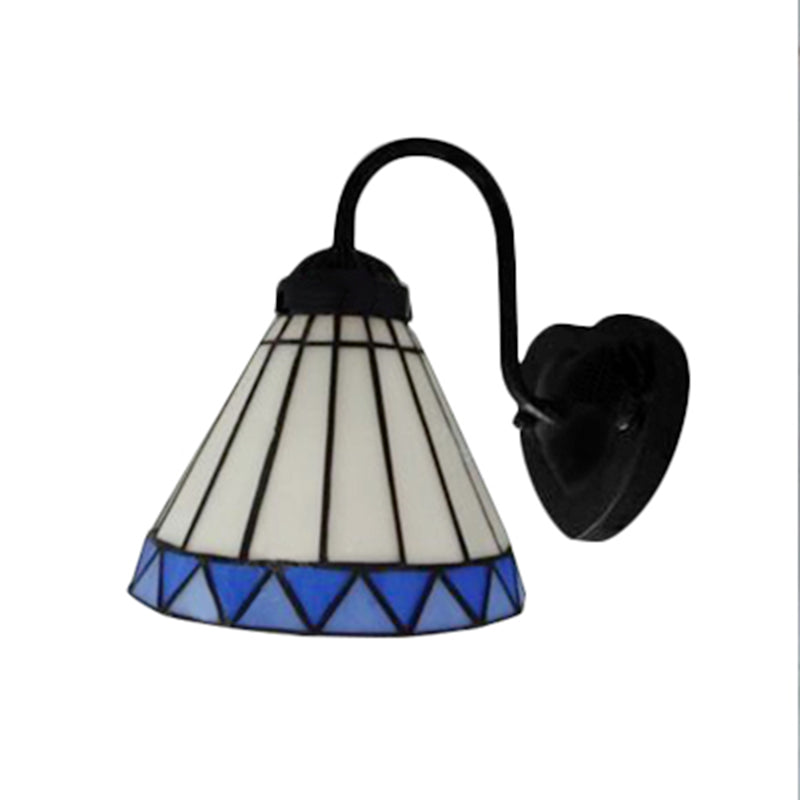 Blue-White Tiffany Glass Cone Wall Light: Elegant Bedroom Sconce Fixture