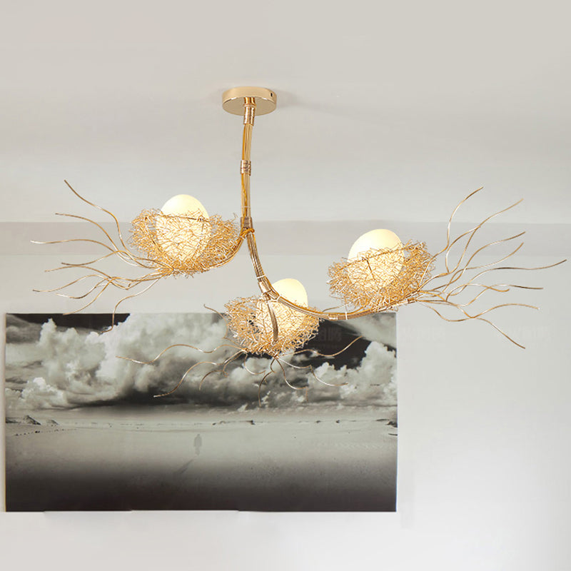 Contemporary Gold Metal Chandelier With Branch Design And 3 Nest & Egg Lights For Study Room