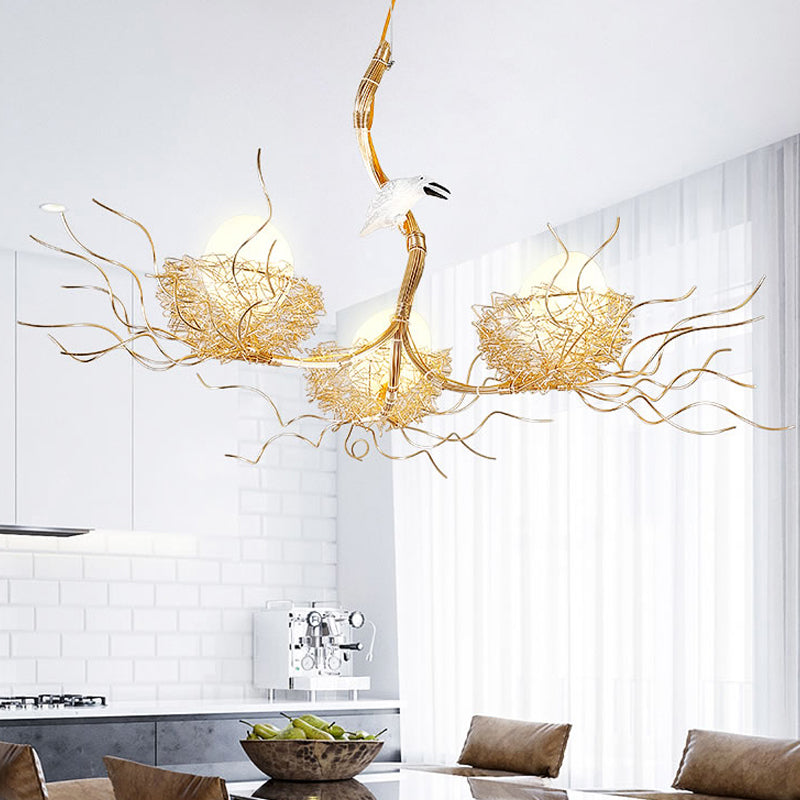 Kids Gold Chandelier - Cafe Thin Branch Pendant Lighting With Egg & Bird Accents 3 Metal Lights / B