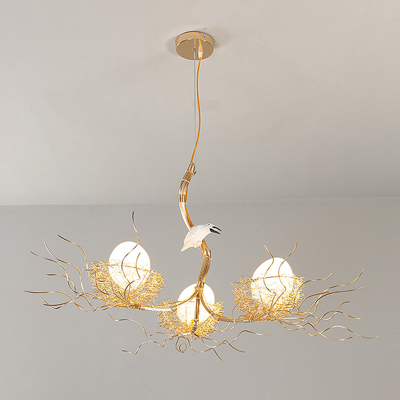 Kids Gold Chandelier - Cafe Thin Branch Pendant Lighting With Egg & Bird Accents 3 Metal Lights
