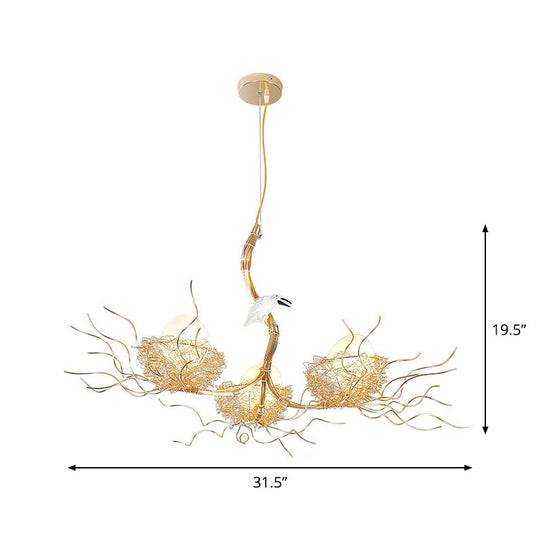 Kids Gold Chandelier - Cafe Thin Branch Pendant Lighting With Egg & Bird Accents 3 Metal Lights