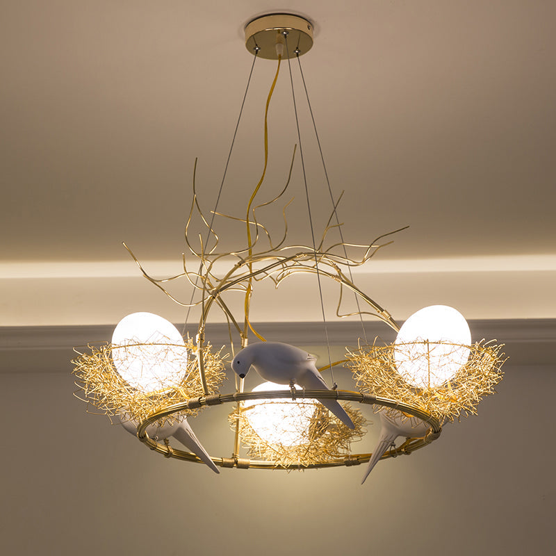 3-Light Circle Nest Chandelier With Bird & Egg In Gold - Elegant Metal Pendant Light For Cafe