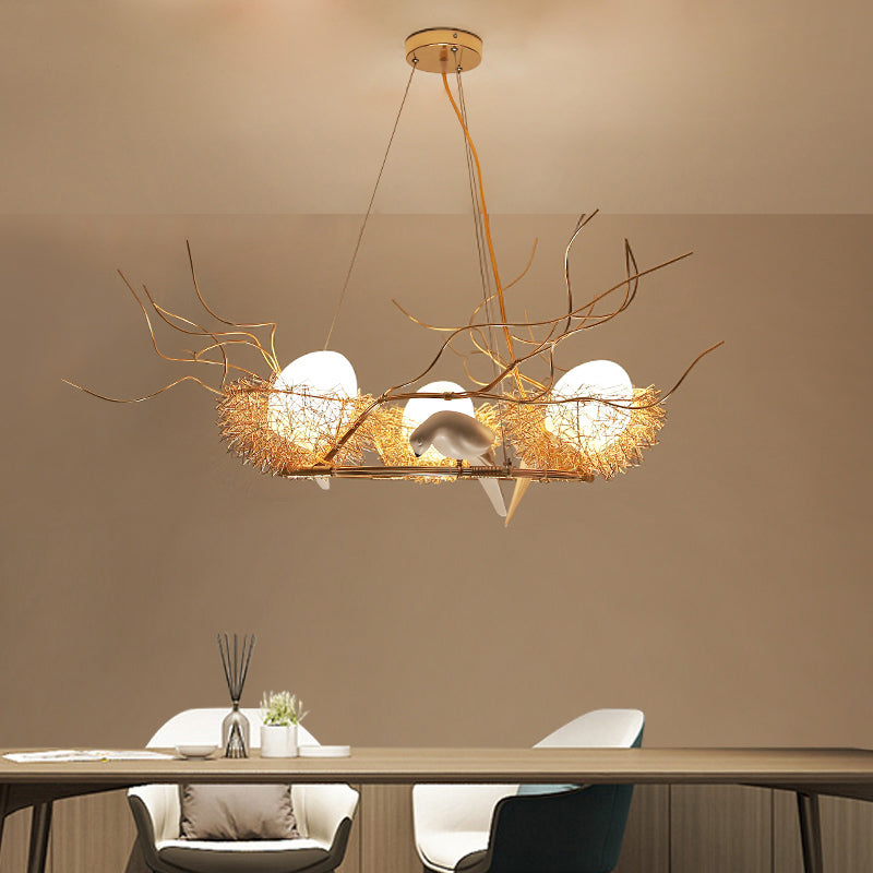 3-Light Circle Nest Chandelier With Bird & Egg In Gold - Elegant Metal Pendant Light For Cafe