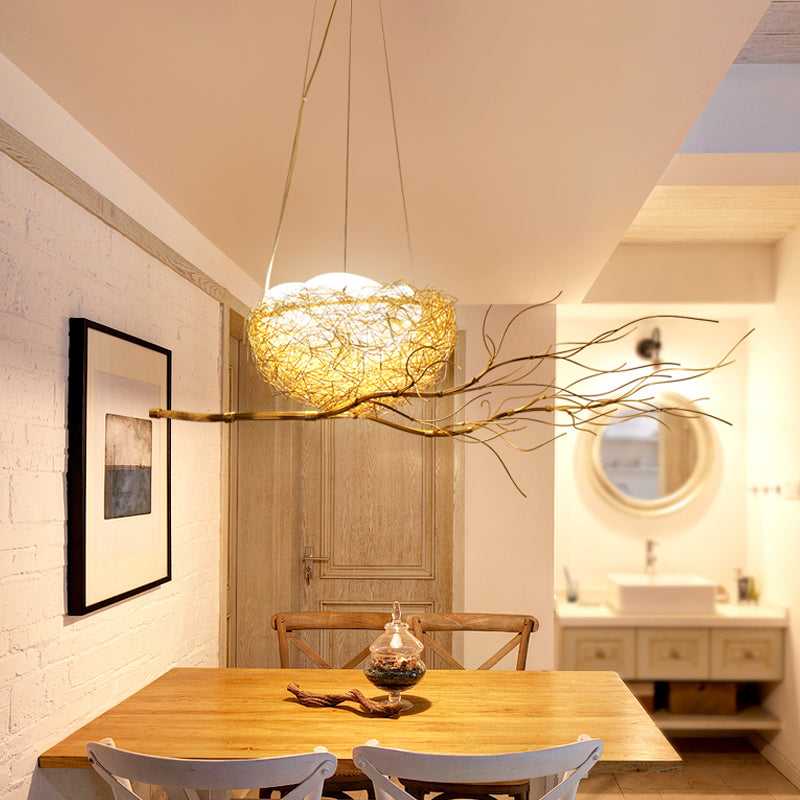Childrens Gold Pendant Light Chandelier With Bird Nest & Egg For Balcony Or Hallway / A