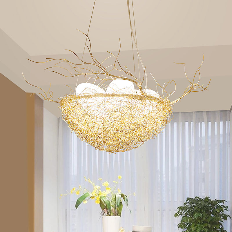 Childrens Gold Pendant Light Chandelier With Bird Nest & Egg For Balcony Or Hallway / B