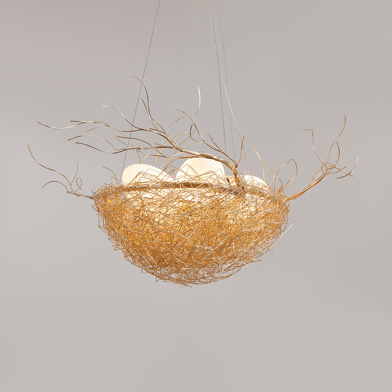 Childrens Gold Pendant Light Chandelier With Bird Nest & Egg For Balcony Or Hallway