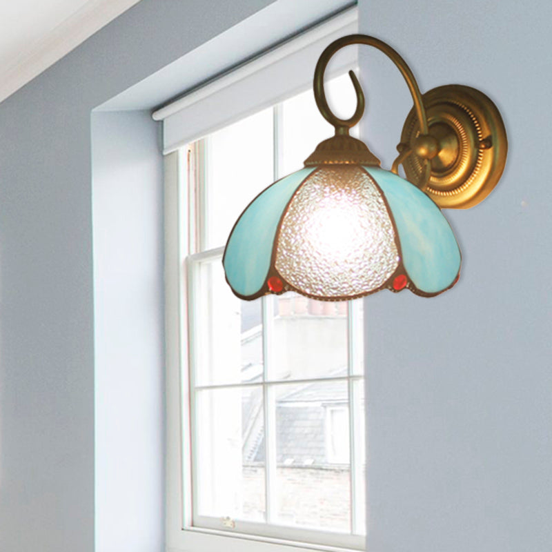 Tiffany Petal Sconce Light With Curved Arm Blue Glass Wall - Ideal For Study Room