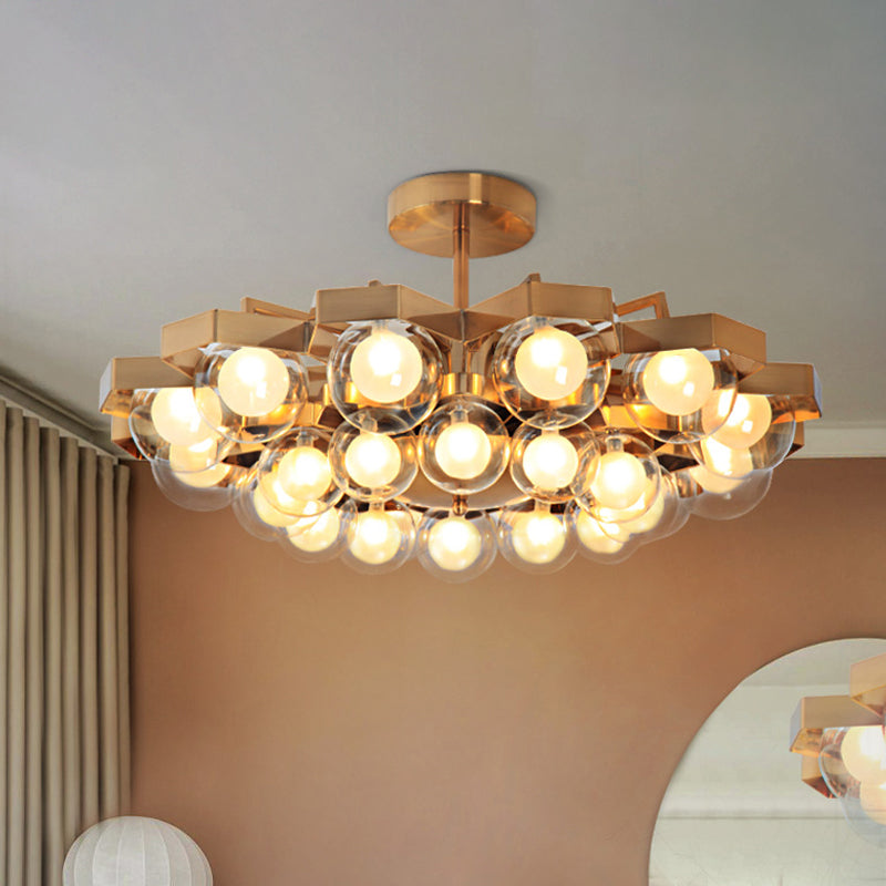 Gold Metallic Flower Chandelier - Elegant Living Room Hanging Light With Globe Shade (24 Lights)