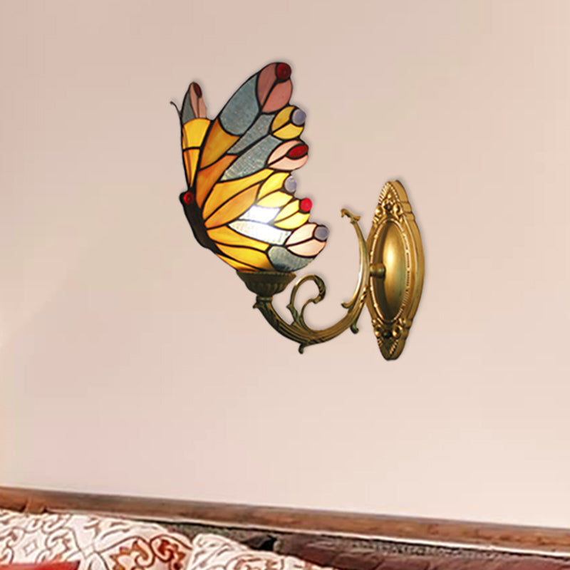 Tiffany Butterfly Stained Glass Wall Sconce Light For Kids Bedroom Brass