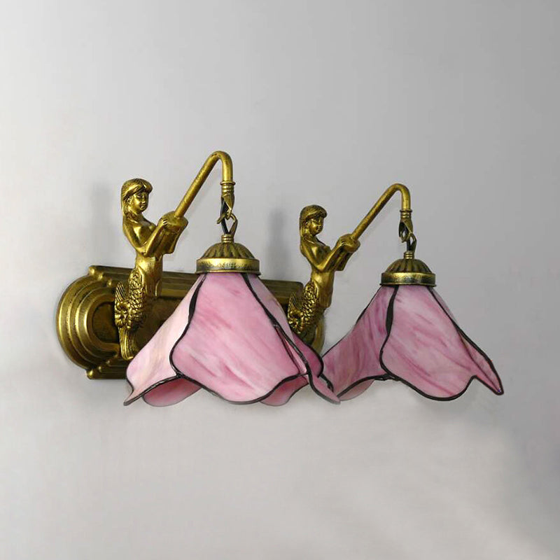 Mediterranean Mermaid Flower Wall Mount Sconce Light With Dual Blue/Clear/Pink Glass Heads Pink