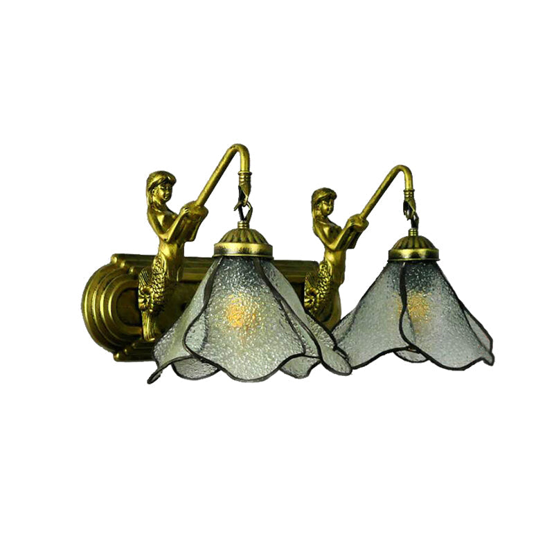 Mediterranean Mermaid Flower Wall Mount Sconce Light With Dual Blue/Clear/Pink Glass Heads