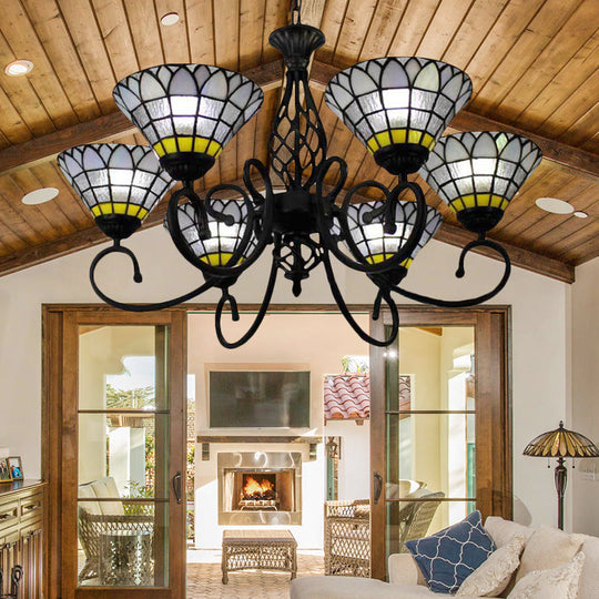 Tiffany Retro Loft Chandelier - Bell Shade 6 Lights Clear Glass Hanging Light For Living Room