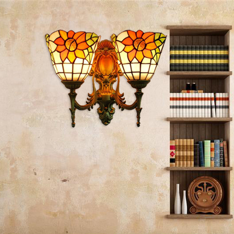 Sunflower Lodge Style Stained Glass Wall Mount Light With Dual Heads - Ideal For Bedroom Orange