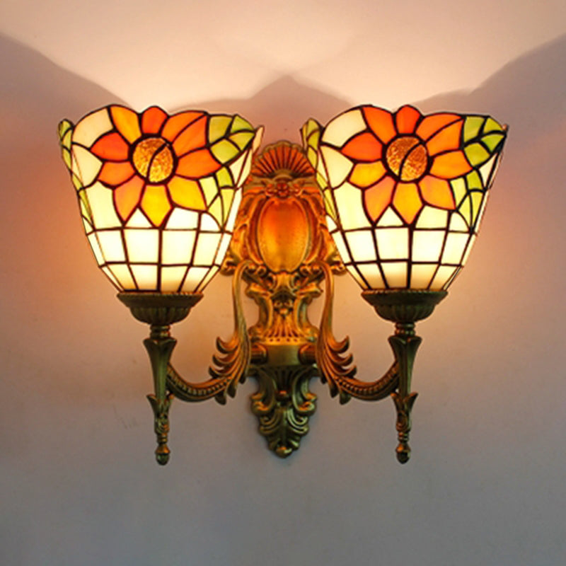Sunflower Lodge Style Stained Glass Wall Mount Light With Dual Heads - Ideal For Bedroom