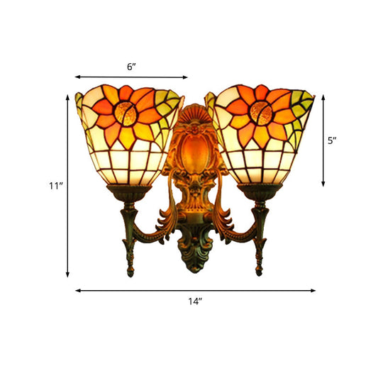 Sunflower Lodge Style Stained Glass Wall Mount Light With Dual Heads - Ideal For Bedroom