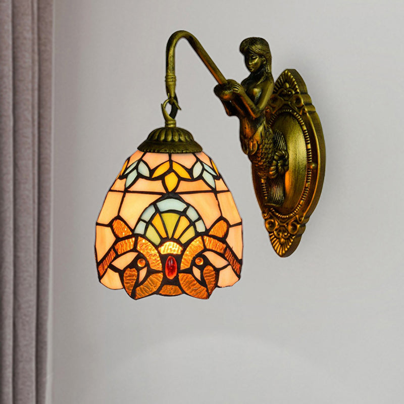 Tiffany Multicolor Stained Glass Dome Sconce Light - Antique Brass Wall Mounted Single Head Fixture