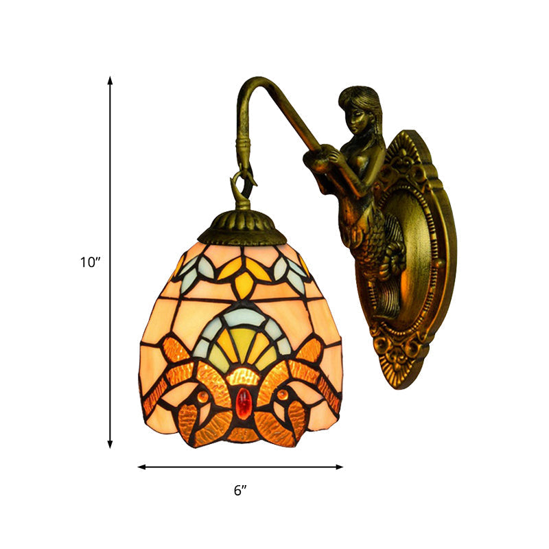 Tiffany Multicolor Stained Glass Dome Sconce Light - Antique Brass Wall Mounted Single Head Fixture