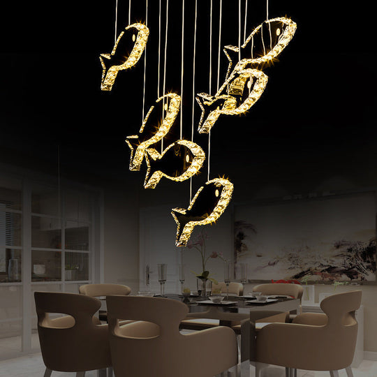 Contemporary Led Chrome Crystal Fish Ceiling Chandelier - White/Warm Light Fixture