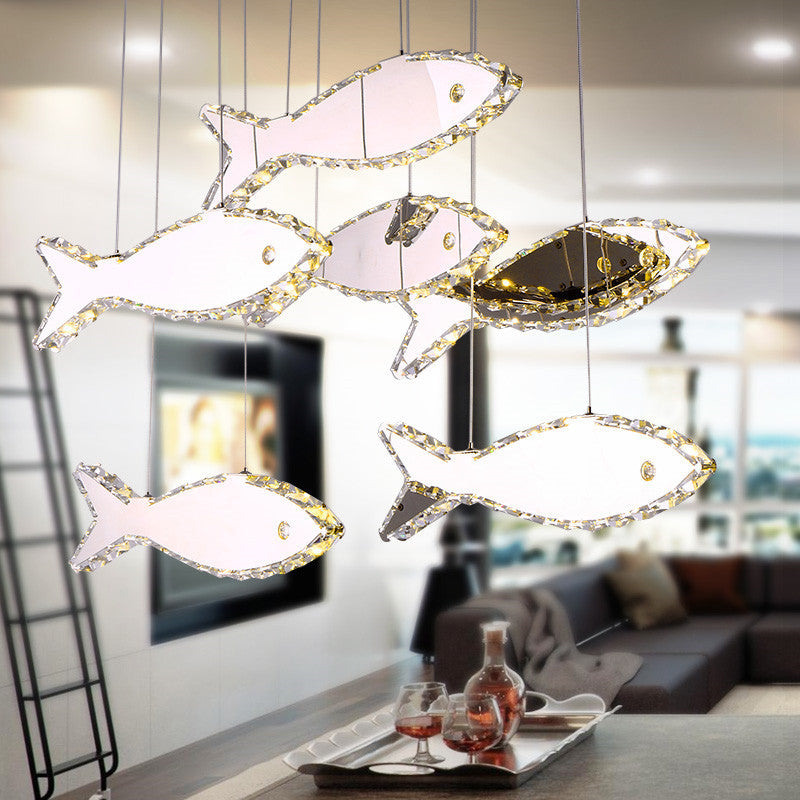 Contemporary Led Chrome Crystal Fish Ceiling Chandelier - White/Warm Light Fixture