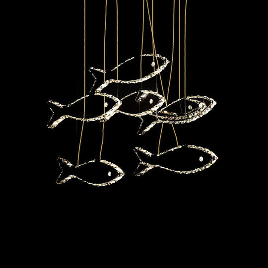 Contemporary Led Chrome Crystal Fish Ceiling Chandelier - White/Warm Light Fixture