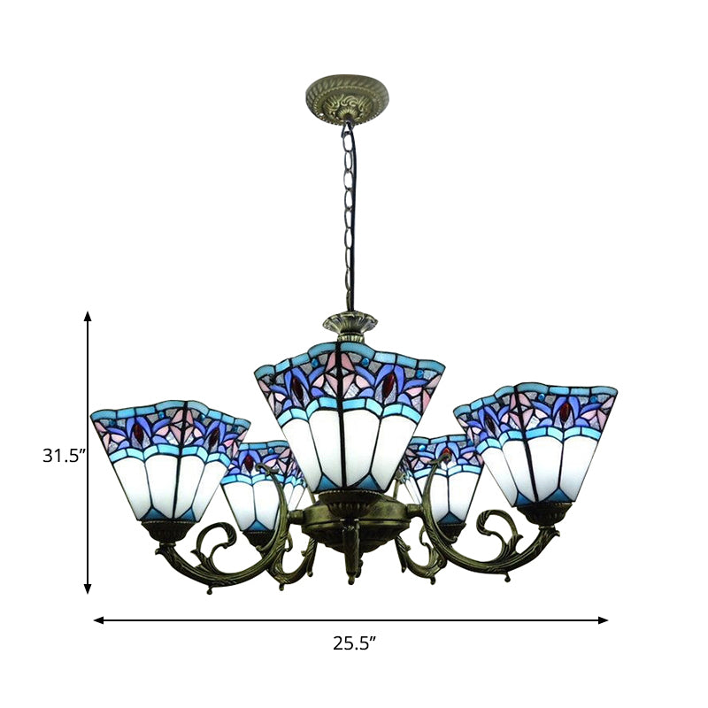 Mission Stained Glass Pendant Light with Tiffany-Inspired Pyramid Design - 5 Lights Chandelier with Curved Arm