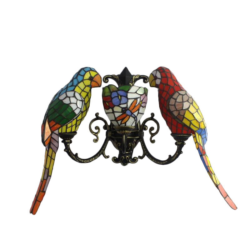 Tiffany Stained Glass Wall Sconce With Petal Butterfly And Parrot - Perfect For Study Room
