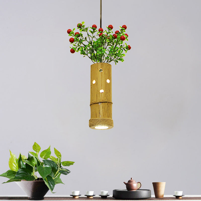 Bamboo Pendant Ceiling Lamp - Flute Coffee Shop Single Industrial Light Beige Color Wood / E