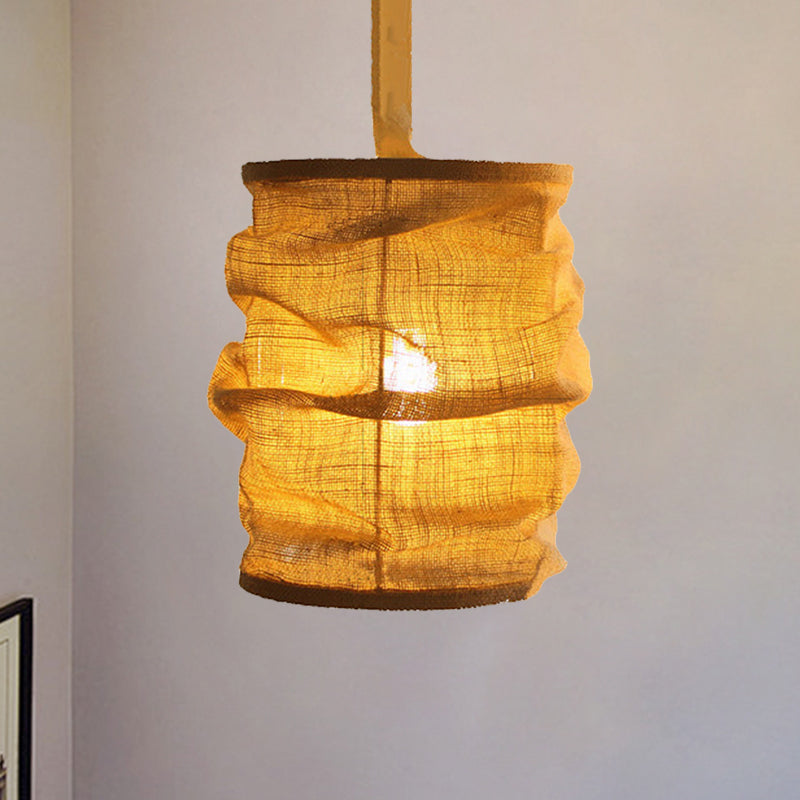 Vintage Style Lantern Ceiling Fixture - Yellow Linen Hanging Lamp With Rope Cord For Dining Room